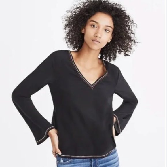 Madewell Tops - Madewell Black Silk Stitched V-Neck Tie Open Back Long Bell Sleeve Top Size M